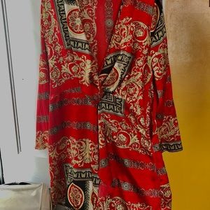 PLT Red Printed Satin Long Sleeve Wrap Dress